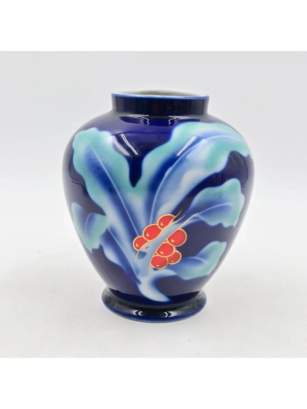 Vintage Japanese Pottery of Kyo Porcelain Vase Cobalt Blue Red Berries Leaf 6